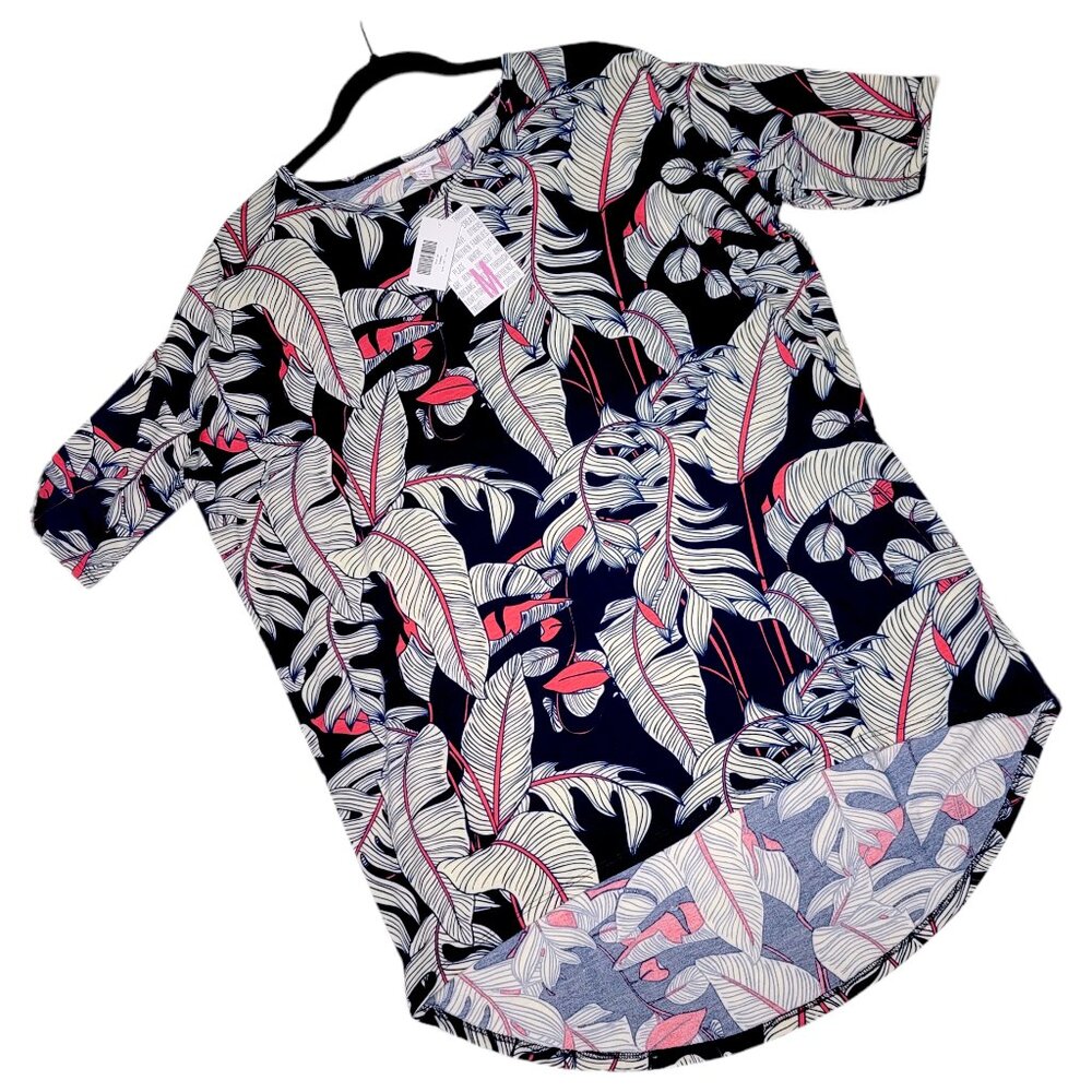 LuLaRoe Irma Tunic Medium Tropical Leaf Navy Pink White Summer High Low Dolman